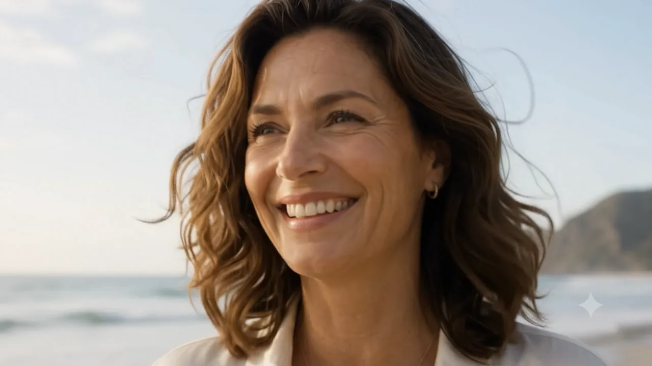 A woman in midlife smiling in natural coastal light