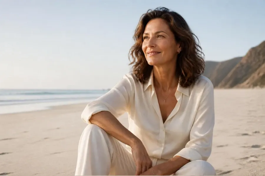 A woman in midlife on a New Zealand beach